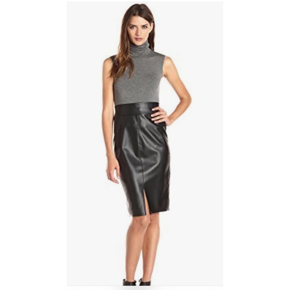 NWT Bailey 44 Sleeveless Turtleneck Faux Leather Reed Dress Marengo/Black Medium